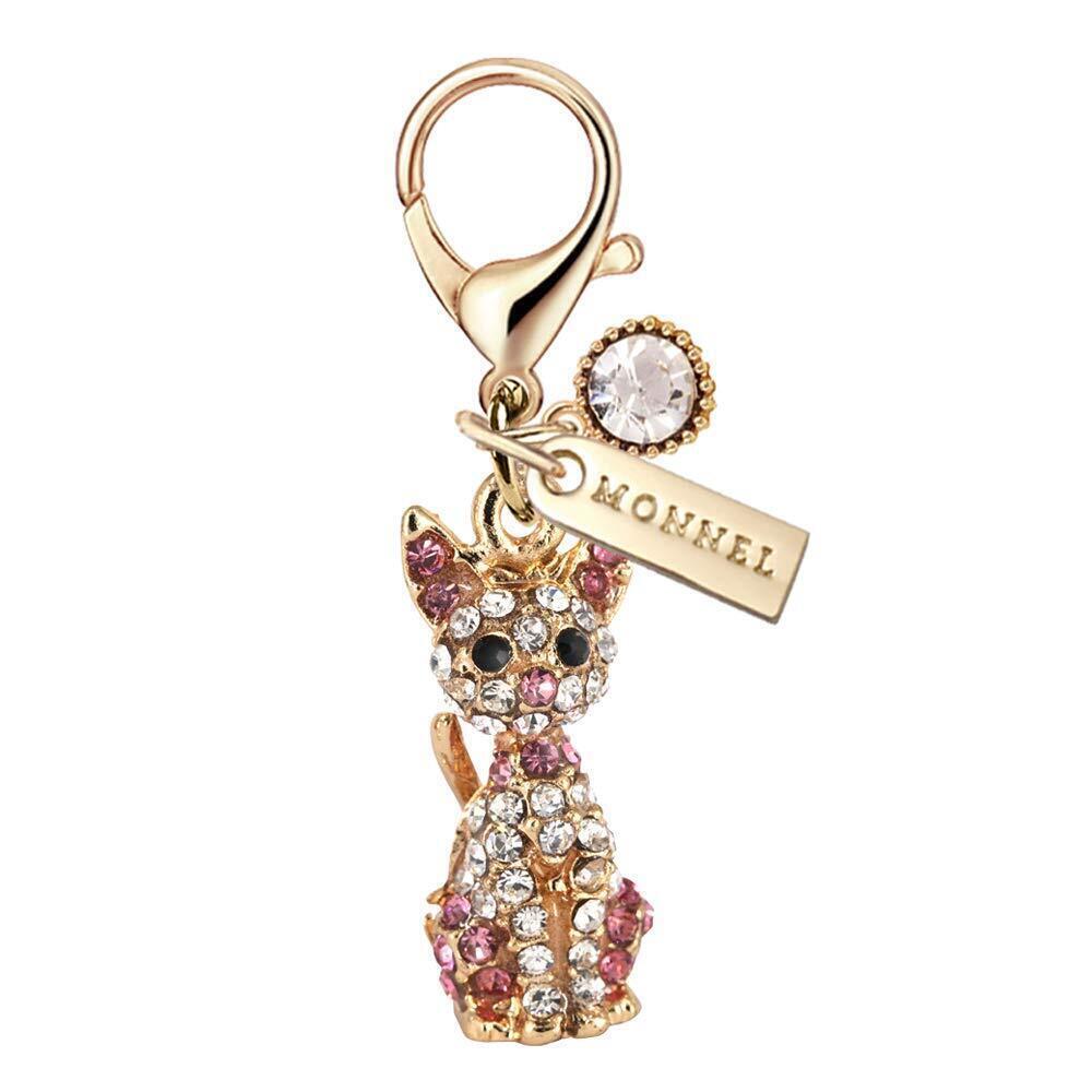 2689 MC123 Crystal 3D Cat Lobster Clasp Charm Pendant with Pouch Bag Pink